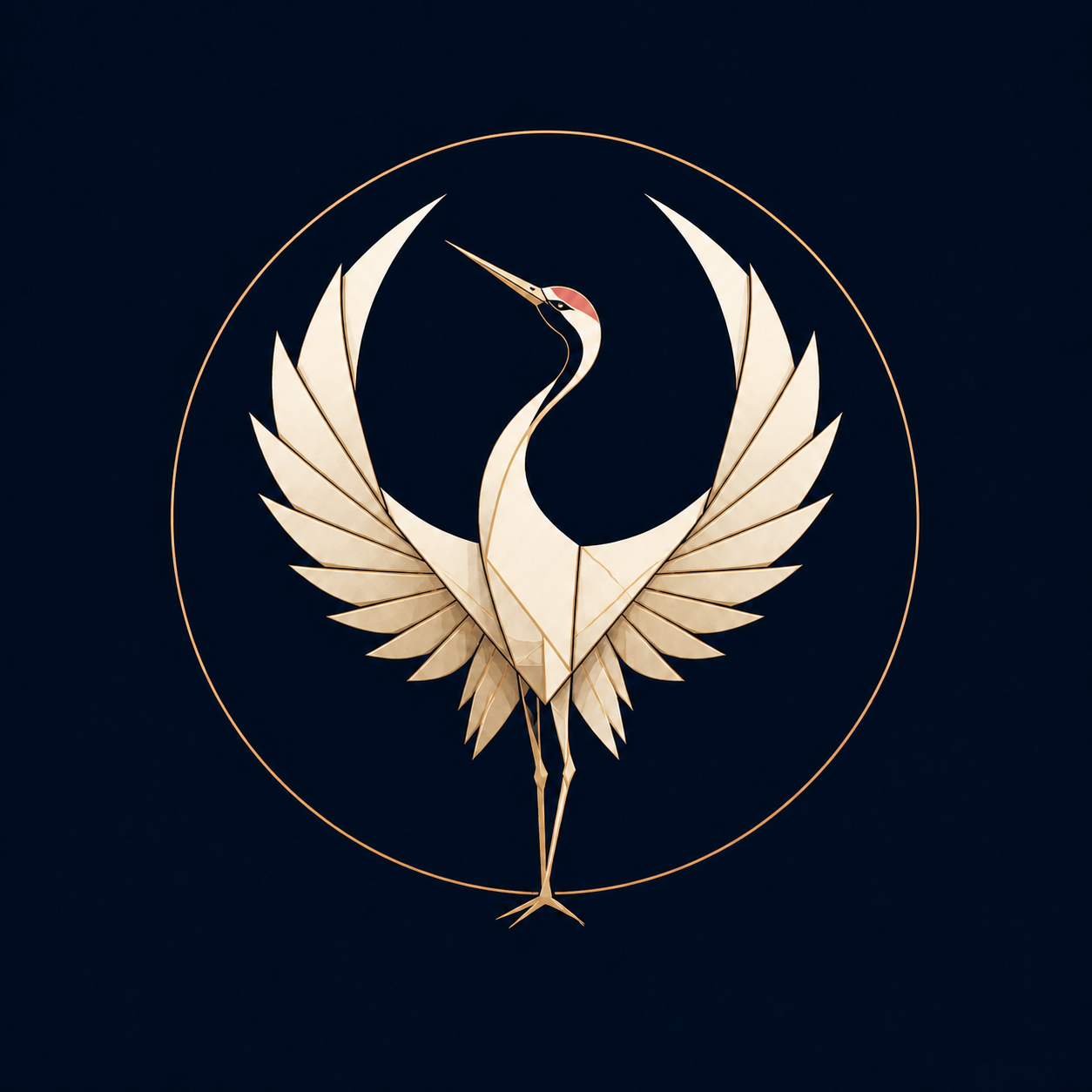 A geometric ivory crane inside a gold orbit